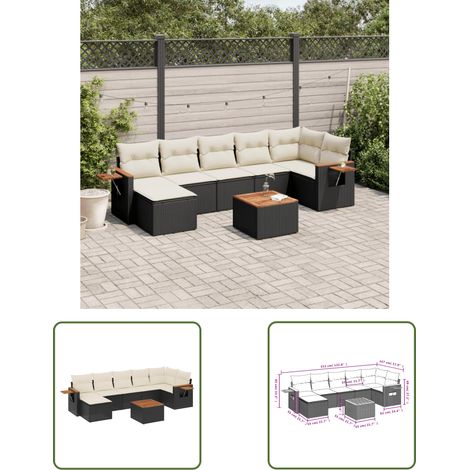 The Living Store Salon de jardin 8 pcs avec coussins noir résine tressée - Ensemble Salon De Jardin - Meuble Extérieur - Canapé Jardin - Résine Tressée - Rotin Synthétique (1/3)