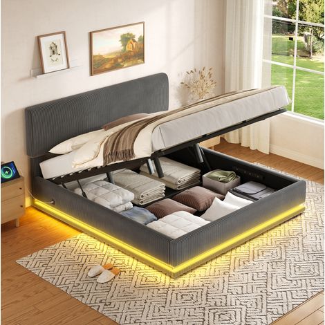 Lit coffre capitonné 160x200 cm en tissu corduroy gris foncé, LED et USB-C, tête réglable (1/5)