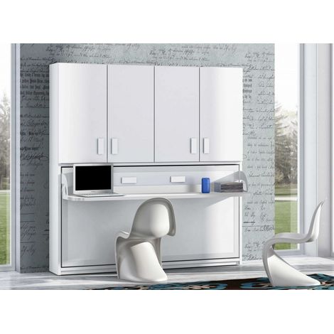 Lit escamotable 90x190 P 34cm blanc satiné avec étagères et bureau Miko (1/5)