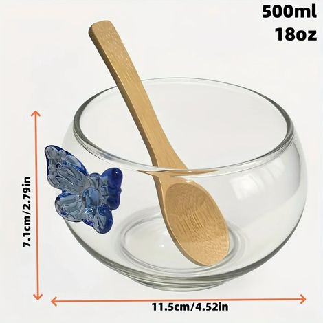 (1 pièce) Saladier en verre, capacité de 500 ml, livré avec une cuillère en bambou, compatible avec le micro-ondes et le lave-vaisselle. (1/5)