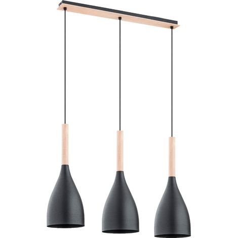 Alfa JUICE 62057 Modern 3-Light Pendant Ceiling Lamp, Black Metal & Light Wood, E27 3x60W Dimmable Hanging Light for Kitchen Island Dining Table, 70cm Wide, 100cm Drop