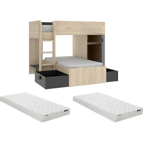 Letto a castello ad angolo reversibile - Vani portaoggetti integrati 2x90x190 cm - Rovere e Antracite + materasso - RICARDO (1/5)
