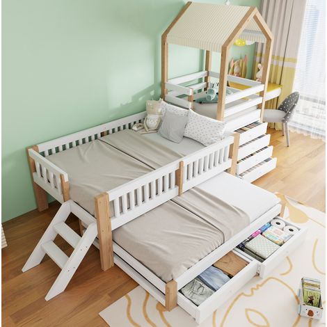 Kinder-Etagenbett 90x200 mit Ausziehbett 90x190, Schubladen und Leiter, Weiß/Naturholz (1/5)