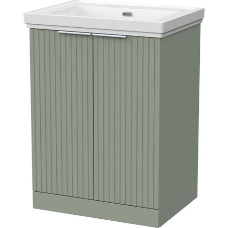 Callingwood Contemporary Floor Standing 2 Door Vanity Unit with Traditional 0 Tap Hole Fireclay Basin , 600mm, Reed Green
