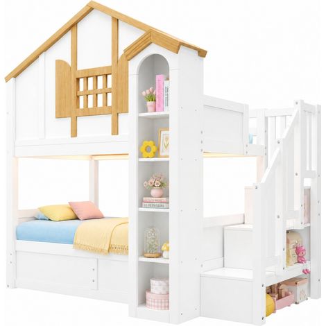 CHICFURN Litera con cama inferior elevable hidráulica, cama alta de madera de pino y MDF, 90x200+90x200 cm, con LED, escalera con almacenaje y diseño castillo blanco (1/5)