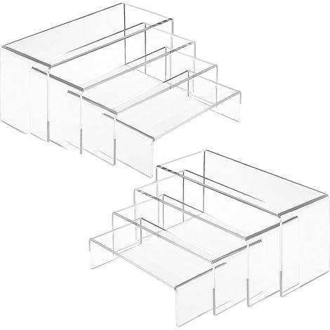 M.J COMFY-LIFE Acrylic Display Risers Set of 4  Tiered Display Stand for Collectibles (Funko Pop, Amiibo, Jewelry, Cupcakes), 4mm Thick U-Shaped Crystal Clear Shelves (8pcs)