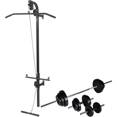 La tour de musculation murale est livrée avec un jeu d'haltères et des disques de 30,5 kg pour la barre d'haltères.