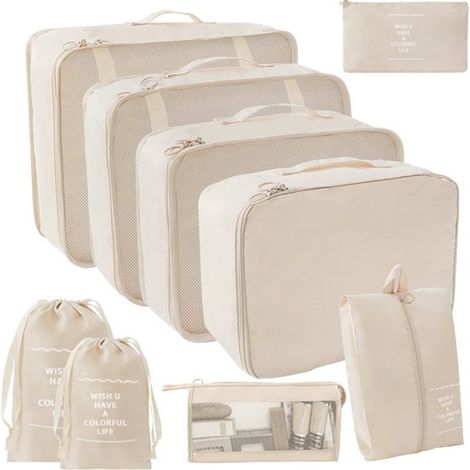 Juego de 7 organizadores de equipaje impermeables: bolsas para ropa, zapatos y almacenamiento cubos de viaje de varios tamaños.