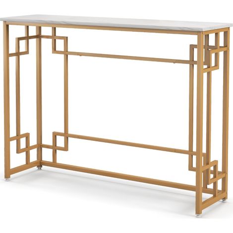 Tavolo consolle da 110cm con cornice geometrica dorata piano effetto marmo, Tavolo da ingresso stretto Bianco (1/4)
