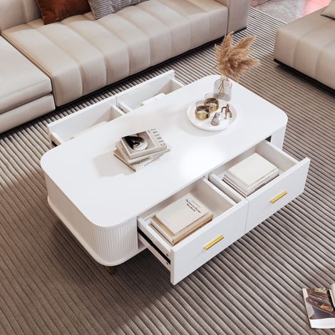 DESMIU Table basse avec 4 tiroirs et bords arrondis, poignées dorées, pour salon, en MDF, blanc, 105 × 51 × 38 cm (1/5)