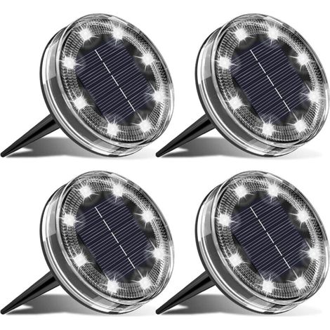 Lot de 4 Lampe Solaire Au Sol, 8 LED Lumiere Solaire Exterieur Jardin IP68 Étanche, Spot Solaire Extérieur pour Chemins Pelouse Terrasse Allée Cour Piscine Passerelle, Blanc Froid (1/5)