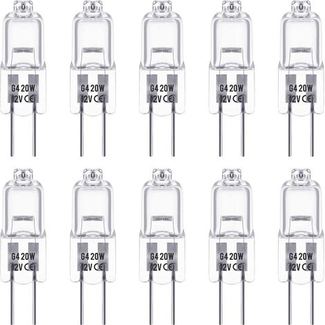 Ampoules Halogènes G4, Lampe de Base à Broche Halogène 12V 20W, Blanc Chaud 3000K, 350LM, Gradable, Lampe Halogène Basse Tension G4, Lampe à Capsule Transparente, Paquet de 10 (1/5)