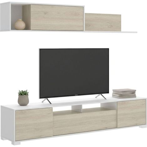 Dmora - Wohnwand Dfalcon, TV-Ständer-Wohnzimmerset, Mehrzweck-Wohnzimmermöbel, 200x41h180 cm, Eiche und Weiß