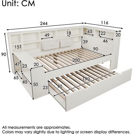 Lit simple 90x200 cm blanc, lit coffre avec lit gigogne, étagères sur 3 côtés et port USB/Type-C intégré – Lit fonctionnel pour chambres d'enfants et d'adolescents, matelas non inclus (1/5)