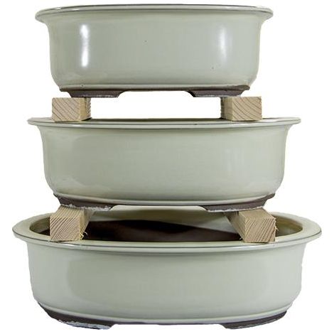 Vasi per bonsai Giapponesi Morrisan ovali in gres smaltati bianchi (Set da n.3 pezzi) - B21-27 (1/5)