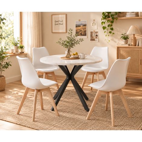 Ensemble Table Ronde 100 cm + 4 Chaises Noir, Style Scandinave Moderne, chaises grises (1/4)