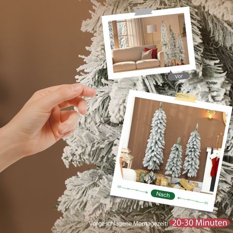 Lot de 3 sapins artificiels enneigés, 3 tailles, pieds en métal, ignifuges, plastique vert et blanc (1/5)