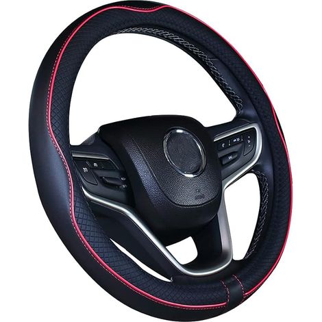 SHINING HOUSE Funda para volante de coche de microfibra de cuero de 15 pulgadas (negro y rojo) (1/5)