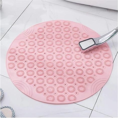 Tapis de douche à ventouses, tapis de bain rond antidérapant de 56 cm (22 pouces), tapis de bain en PVC anti-moisissure avec trous de drainage et bulles de massage, lavable en machine (rose) (1/5)
