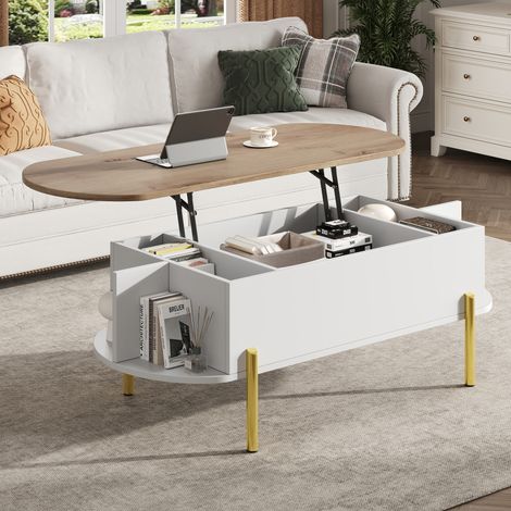 Pour salon ou séjour, table basse relevable avec rangement, plateau levable 57,5 cm, blanc, bois naturel et pieds dorés (1/5)