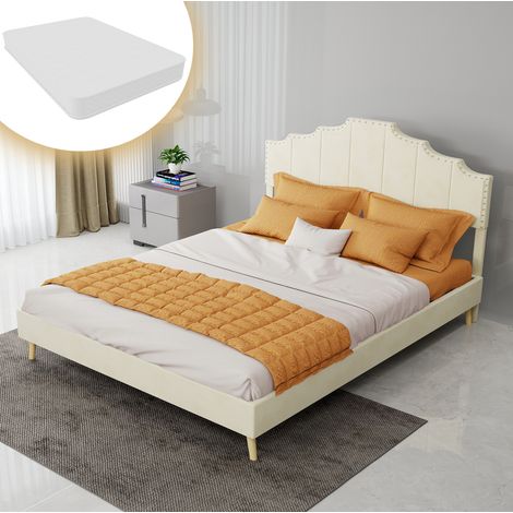 Letto imbottito per adulti 140x200 cm, con rete a doghe e materasso incluso, in tessuto beige (1/5)