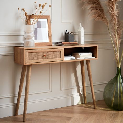 Consolle scandinava con effetto legno e canna, 100cm (1/5)