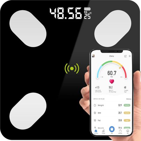 Balance Pese, Bluetooth, Max. 180 kg, Balance Connectée avec 17 Données Corporelles IMC/graisse corporelle/masse osseuse/BMR/muscle/eau, Haute Précision avec Affichage Lumineux, Noir (1/5)
