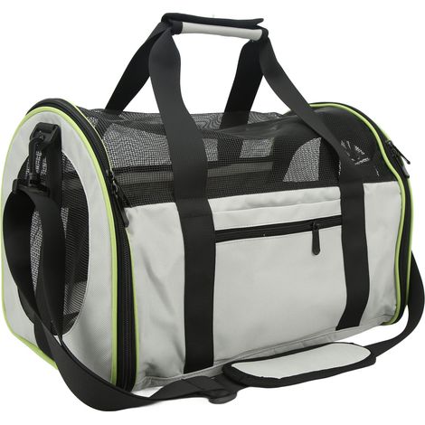 Sac de voyage pour animaux de compagnie en nylon 600D, sac portable pour chat et chien, sac fourre-tout pliable avec bandoulière réglable, gris clair. (1/5)
