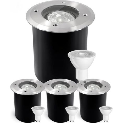 Spot Encastrable Exterieur IP67 étanche 230 V, Argent 4 Pack Acier Inoxydable Spot LED Extérieur avec Ampoule LED GU10 5 W 3000K Blanc chaud, Spot Rond Encastrable (1/5)