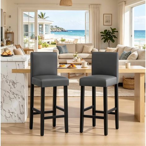 Taburete de bar de madera y polipiel negro y gris con respaldo, juego de 2, asiento acolchado (1/5)