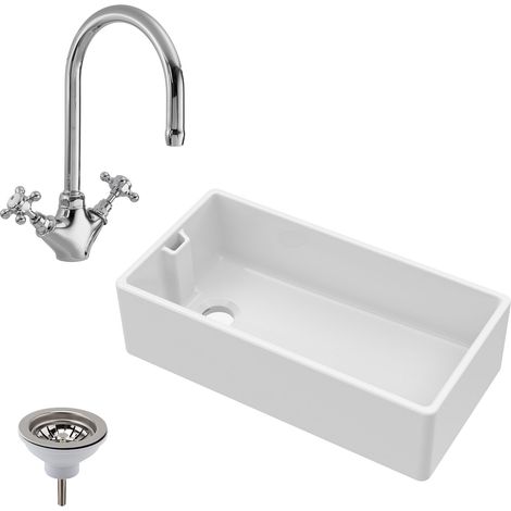 Fireclay Belfast Kitchen Sink w/ Overflow, 895mm 1 Bowl, Mono Sink Mixer Tap & Basket Strainer Waste, Brushed Brass Balterley (1/5)