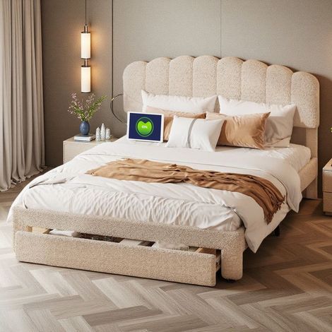 Cama doble cofre 160x200 - Cabezal ajustable USB-C - Almacenamiento optimizado - Terciopelo Teddy Beige