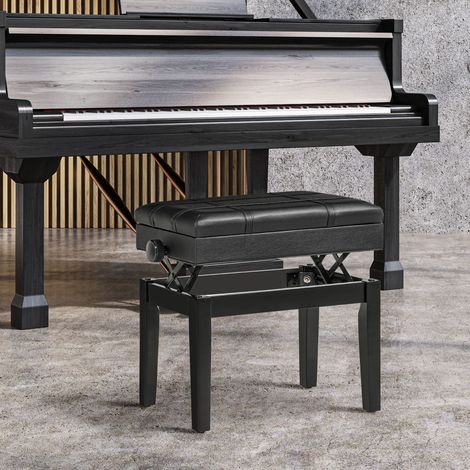 Banquette tabouret siège pour piano coffre intégré hauteur réglable bois hévéa assise revêtement synthétique DaGou noir