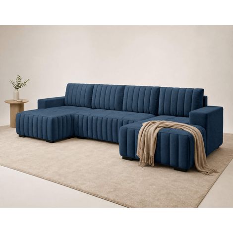 Lazare - canapé panoramique en u 7 places convertible avec coffre en velours - bleu marine (1/5)