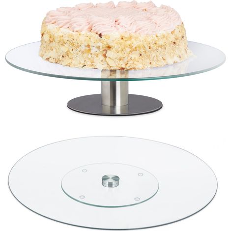 Relaxdays Piatto Rotante per Torte, Set da 2, Alzatina e Vassoio, Girevole a 360º, Ø 30cm, Tortiera, Vetro, Trasparente