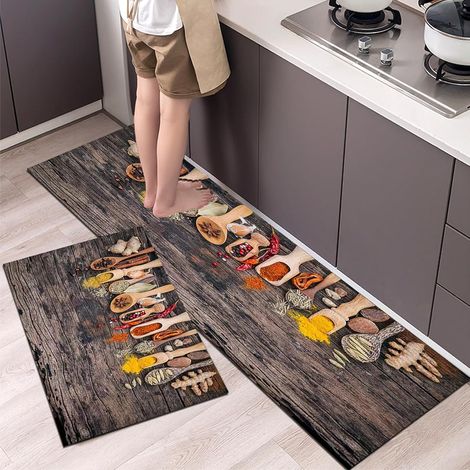 2 Pièces Tapis, 120x60 cm et 60x40 cm, Anti-Fatigue, Antidérapant, Polyester, Cuisine Salle de Bain (1/5)