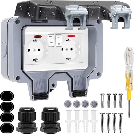 Prise Exterieure Etanche IP66 Double Prise de Courant et Volet de Protection Multiprise Electrique Murale de Jardin, Prise Anti-Poussière et Coupe-Vent avec Interrupteur, Voyant Lumineux (1/5)