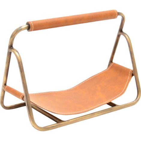 Contemporary Hanging Leather Kindling Holder - Iron - L18 x W29.5 x H20 cm - Antique Brass