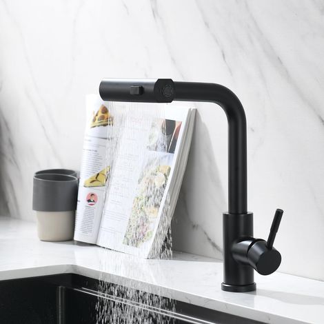 Robinet de Cuisine Noir avec Flexibilité et 3 Jets - Robinet Évier Mitigeur à Pulvérisateur Extractible (Jet d'Eau, Cascade, Douche) (1/5)