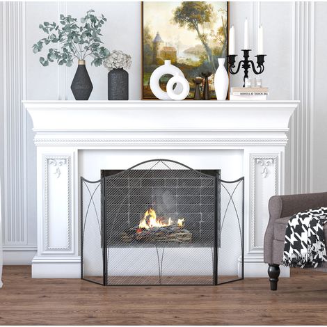 Pantalla protectora de chimenea plegable de metal, 3 paneles, 126 x 76 cm, negra (1/5)