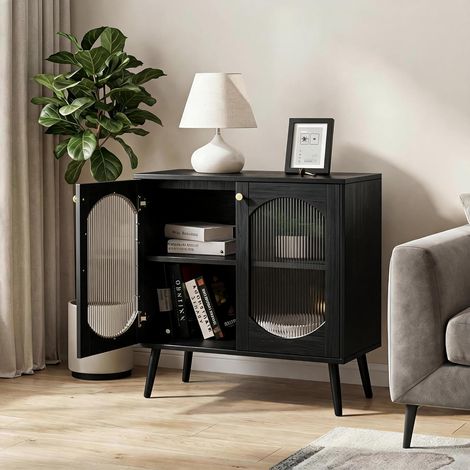 Meuble de Rangement avec Portes en Verre Ondulé, Buffet Moderne avec Étagères, Grande Capacité pour Salon, Chambre et Entrée, Noir (1/5)