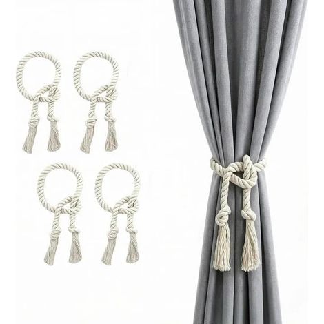 Lot de 4 Embrasse pour Rideaux en Corde de Coton Blanc Epais Attache Rideau (1/5)