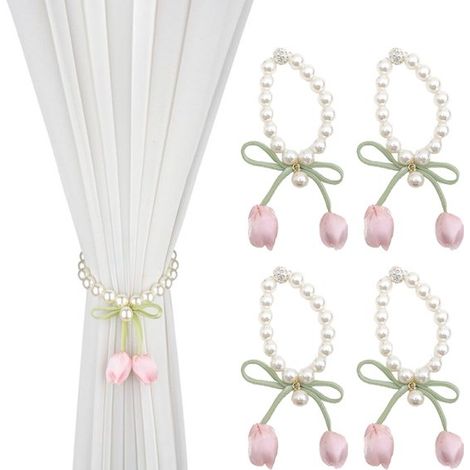 Lot de 4 embrasses de rideaux - Rubans pour rideaux - Embrasses magnétiques - Rubans de rideaux nacrés avec ornement tulipe 24 cm - Embrasses décoratives - pour salon et chambre Rose (1/5)
