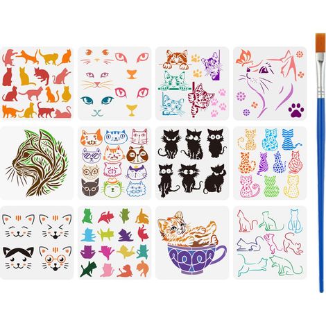12 Styles Pochoirs à Motifs de Chats Avec Un Pinceau Pochoirs de Peinture de Visage de Chat de 30x30cm Pochoir de Chat Voyeur Pochoir de Vue Arrière de Chats Pet Modèle Thèmes Animaliers (1/5)