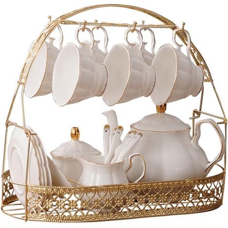15 Pièces Service A Thé Anglais Blanc Simple,Théière,Bone China Tasse À Café,avec Cuillères Assorties en Métal,Service Café Porcelaine