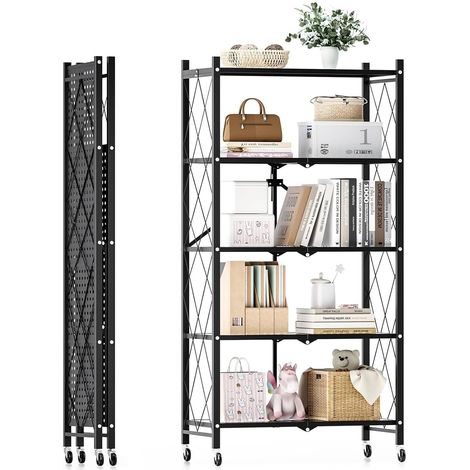 5-Niveaux Étagère de Stockage Pliable en Métal avec Roues, 28,15" W x 15,55" D x 62,60" H, Capacité de Chargement de 950 lbs, Etagère de L'assemblage sans Service (Noir, 5-Niveaux) (1/5)