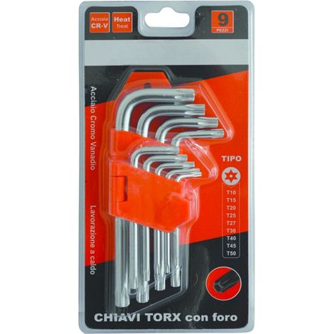 Set di chiavi Torx con foro corte 9 pezzi in acciaio cromo vanadio misure T10-T50 per lavorazioni di precisione