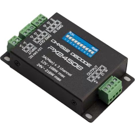 PX24506 LED-Controller, DMX-512-LED-Decoder, 9-A-Treiber, DMX-512-Verstärker, 12-V-/24-V-RGB-LED-Streifen, Schwarz