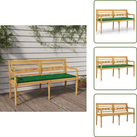 Batavia-Bank mit Grünem Kissen 150 cm Massivholz Teak - Gartenbank - Holzbank - Teakholzbank - Outdoor Möbel - Gartenmöbeln (1/5)
