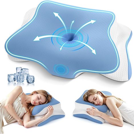 Oreiller Ergonomique Cervical, Oreillers Memoire Forme Ergonomique Cervical pour Les Douleurs au Cou et aux épaules, Oreiller Orthopédique de Soutien du Cou pour Les Dormeurs sur Le côté, Bleu (1/5)